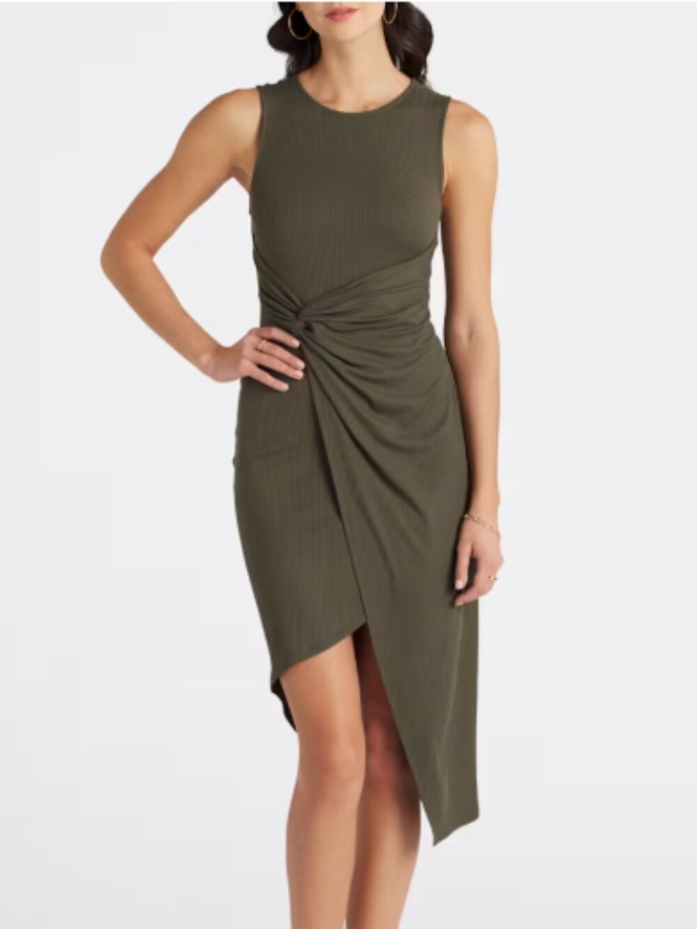 Kaleigh - Sonia Faux Wrap Knit Asymmetrical Fitted Dress In Olive